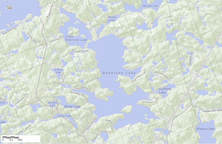 Topographical Map of Redstone Lake in Municipality of Dysart et al and the District of Haliburton
